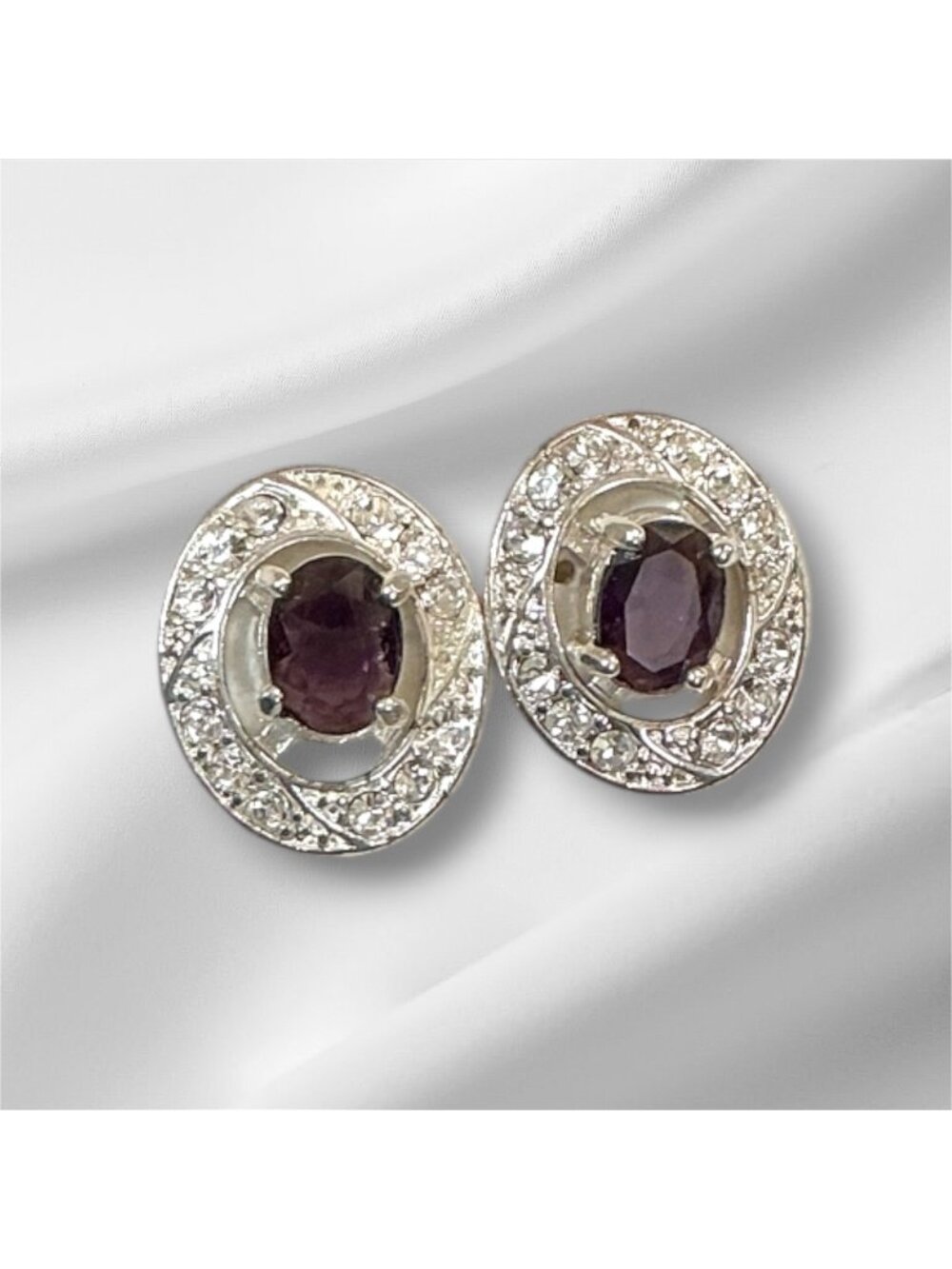 Vintage Sterling Silver Convertible Earrings  Purple Stone Oval Design Two-Way W